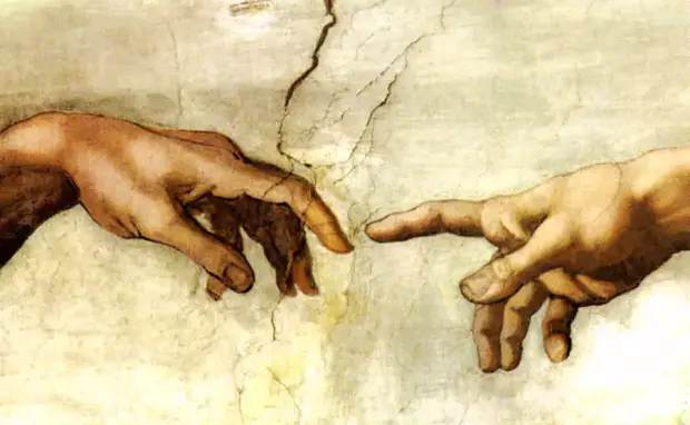 picture of michelangelo illsutrant two hands with two fingers stretched that are a few centimeters from touching each other